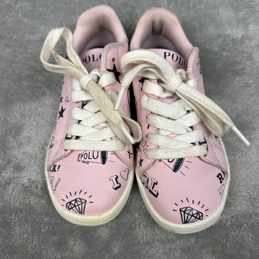 Polo Ralph Lauren Kids Pink Graphic Print Leather Sneakers Low Top - Picture 4 of 10